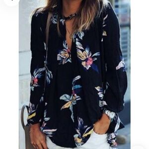 Free People Black Relaxed Tie Front Blouse
